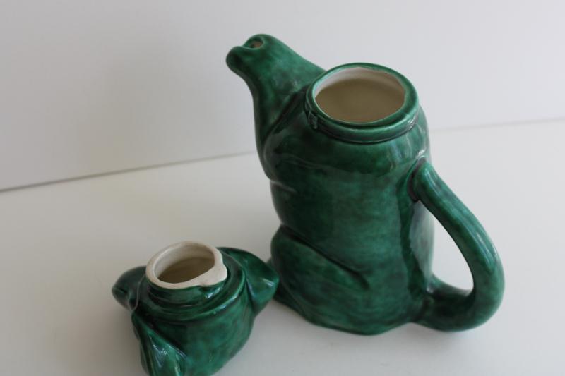 photo of begging beagle dog vintage handmade ceramic teapot, jade green glaze #7