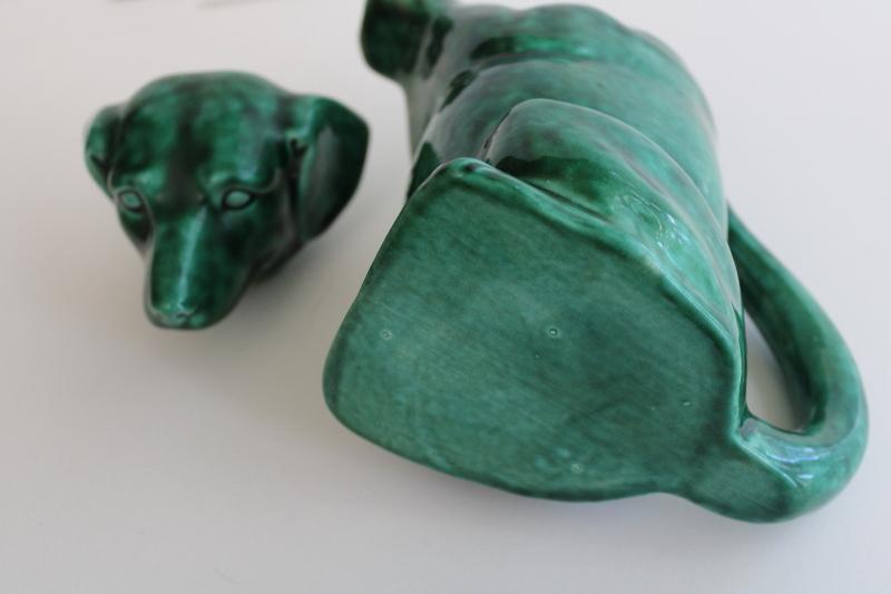 photo of begging beagle dog vintage handmade ceramic teapot, jade green glaze #8