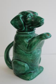 catalog photo of begging beagle dog vintage handmade ceramic teapot, jade green glaze