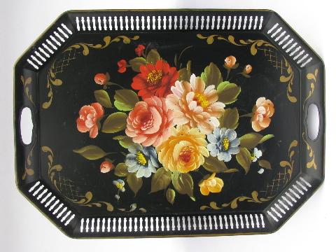 photo of big 1940s vintage hand-painted floral bouquet tole tray, flowers on black #1