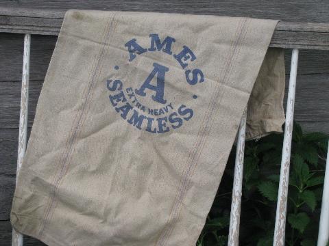 photo of big A Ames seamless heavy cotton grain bag, old faded stripe feedsack #1