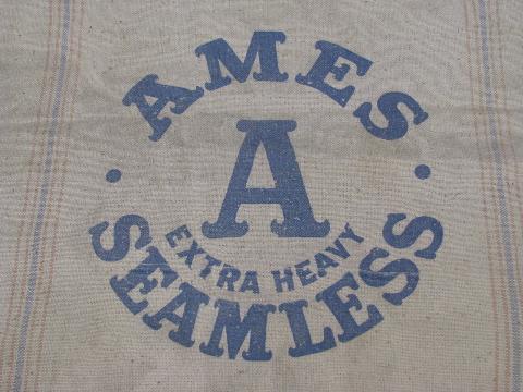 photo of big A Ames seamless heavy cotton grain bag, old faded stripe feedsack #2