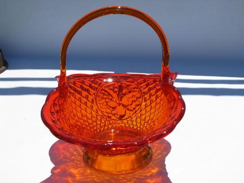 photo of big amberina glass flower centerpiece brides basket, vintage fruit intaglio pattern #2