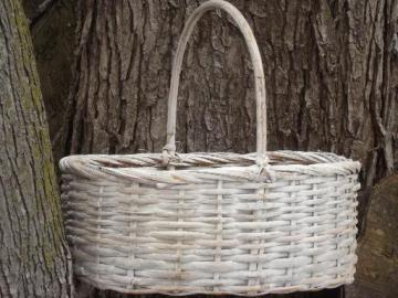 catalog photo of big bamboo gathering basket, distressed shabby white paint garden basket