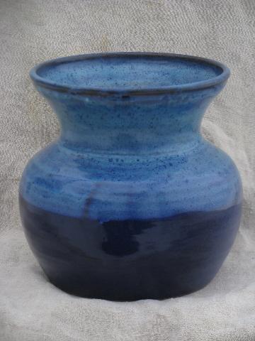 photo of big blue glazed stoneware flower pot vase, hand made Bear pottery #1