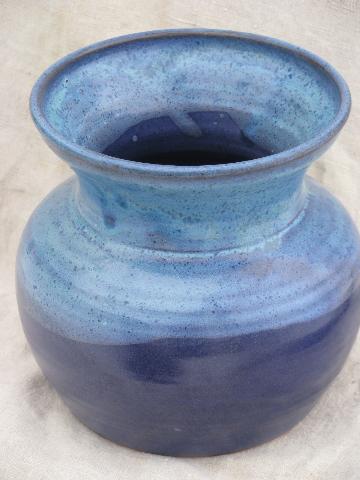 photo of big blue glazed stoneware flower pot vase, hand made Bear pottery #2