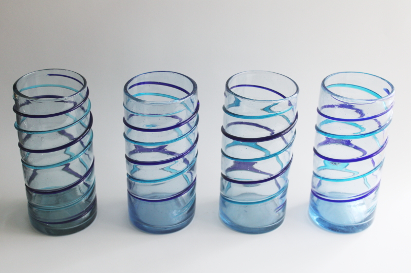 photo of big chunky Mexican glass tumblers, hand blown aqua & cobalt blue spiral drinking glasses  #1