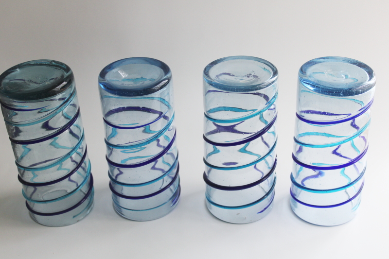 photo of big chunky Mexican glass tumblers, hand blown aqua & cobalt blue spiral drinking glasses  #2