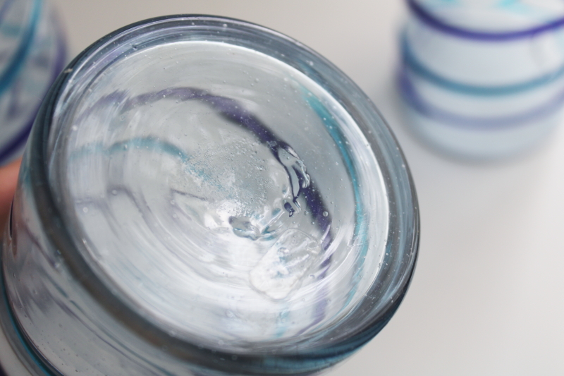 photo of big chunky Mexican glass tumblers, hand blown aqua & cobalt blue spiral drinking glasses  #3