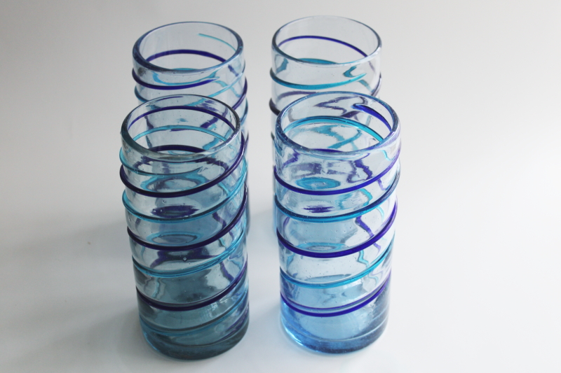 photo of big chunky Mexican glass tumblers, hand blown aqua & cobalt blue spiral drinking glasses  #4