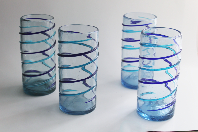 photo of big chunky Mexican glass tumblers, hand blown aqua & cobalt blue spiral drinking glasses  #5