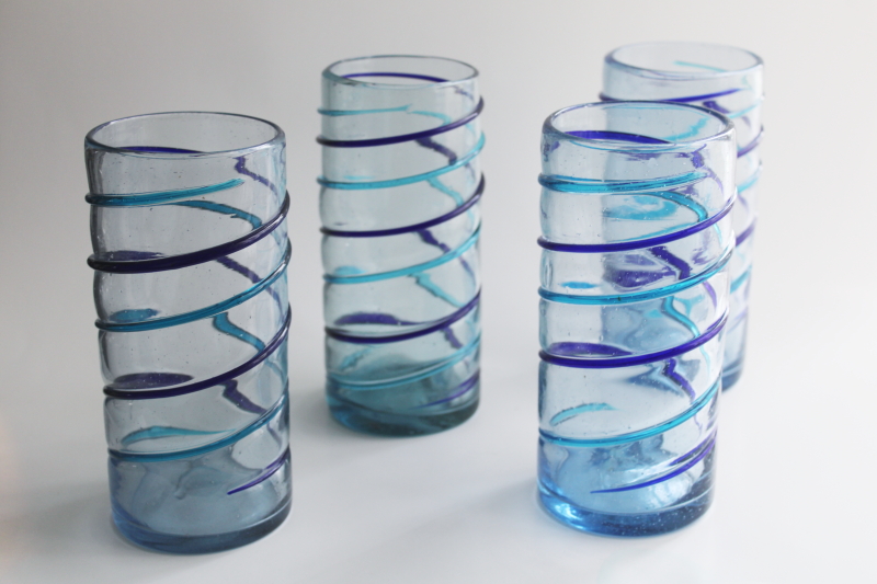 photo of big chunky Mexican glass tumblers, hand blown aqua & cobalt blue spiral drinking glasses  #6