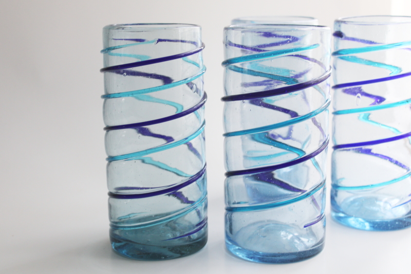 photo of big chunky Mexican glass tumblers, hand blown aqua & cobalt blue spiral drinking glasses  #7