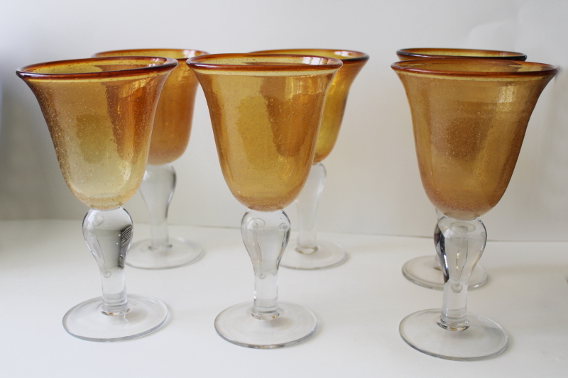 photo of big chunky amber / clear glass wine glasses or water goblets Artland bubble glass #1