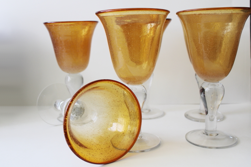 photo of big chunky amber / clear glass wine glasses or water goblets Artland bubble glass #2