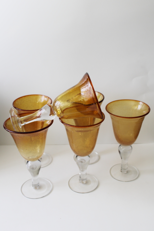 photo of big chunky amber / clear glass wine glasses or water goblets Artland bubble glass #4