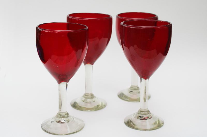 photo of big chunky boho style hand blown glass goblets, ruby red w/ clear stem wine glasses #1