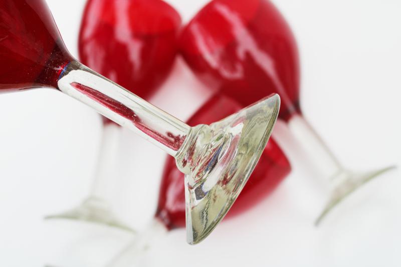 photo of big chunky boho style hand blown glass goblets, ruby red w/ clear stem wine glasses #4