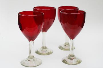 big chunky boho style hand blown glass goblets, ruby red w/ clear stem wine glasses