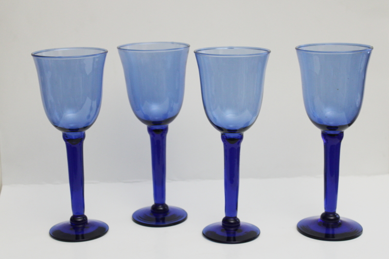 photo of big chunky hand blown glass goblets, cobalt blue water or wine glasses, rustic modern #1