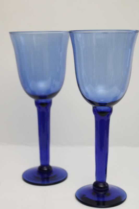 photo of big chunky hand blown glass goblets, cobalt blue water or wine glasses, rustic modern #2