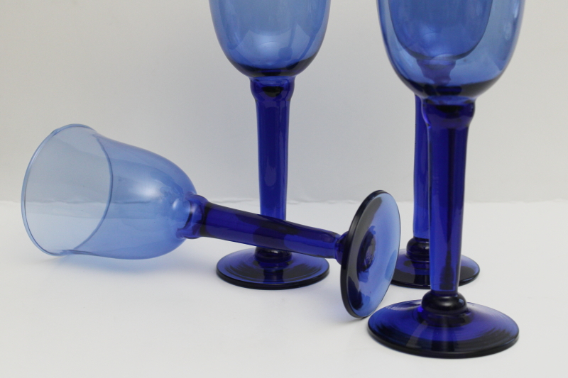 photo of big chunky hand blown glass goblets, cobalt blue water or wine glasses, rustic modern #4