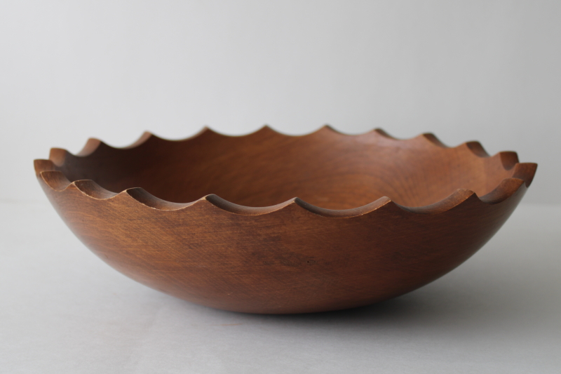 photo of big chunky wood bowl w/ scalloped edge, country kitchen vintage salad bowl rustic cottage decor #1