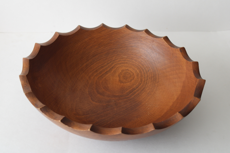 photo of big chunky wood bowl w/ scalloped edge, country kitchen vintage salad bowl rustic cottage decor  #2