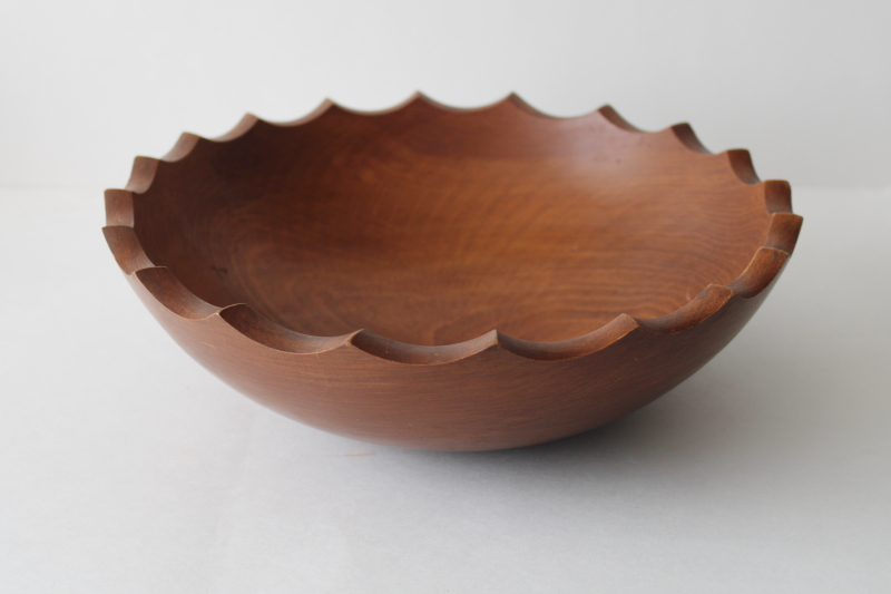 photo of big chunky wood bowl w/ scalloped edge, country kitchen vintage salad bowl rustic cottage decor  #6