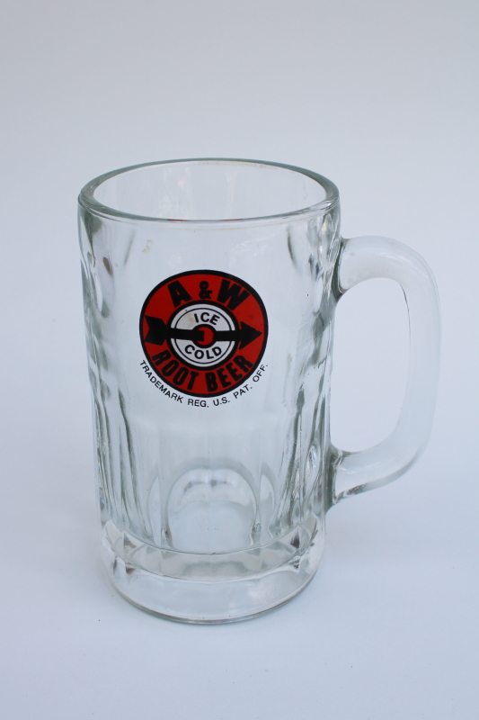 photo of big glass A&W root beer mug, vintage advertising logo #1