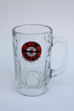 catalog photo of big glass A&W root beer mug, vintage advertising logo