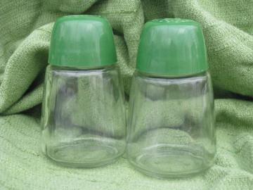catalog photo of big glass jars w/ green shaker lids, vintage kitchen range set S&P