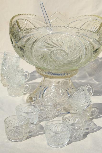 photo of big glass punch bowl & stand, cups set - vintage whirling star pattern pressed glass #1
