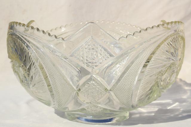 photo of big glass punch bowl & stand, cups set - vintage whirling star pattern pressed glass #2