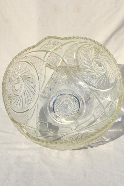 photo of big glass punch bowl & stand, cups set - vintage whirling star pattern pressed glass #3