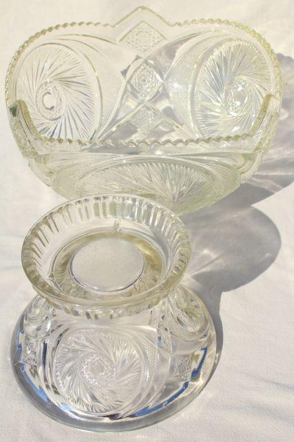 photo of big glass punch bowl & stand, cups set - vintage whirling star pattern pressed glass #5