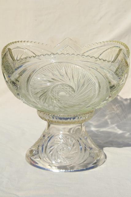 photo of big glass punch bowl & stand, cups set - vintage whirling star pattern pressed glass #7