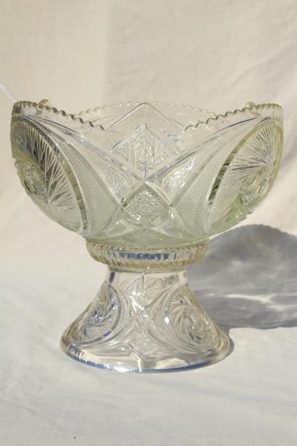 photo of big glass punch bowl & stand, cups set - vintage whirling star pattern pressed glass #8