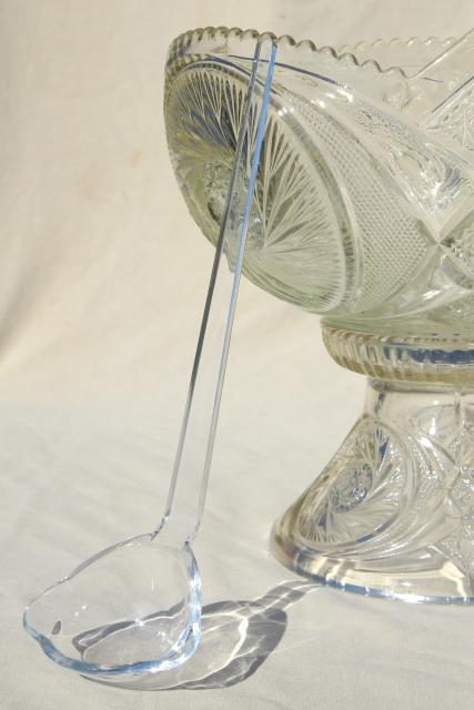 photo of big glass punch bowl & stand, cups set - vintage whirling star pattern pressed glass #9