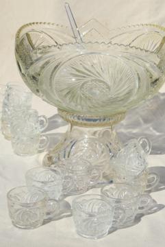 catalog photo of big glass punch bowl & stand, cups set - vintage whirling star pattern pressed glass