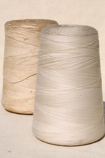 photo of big grubby old spools of string, primitive white cotton cord & sewing thread cones #1