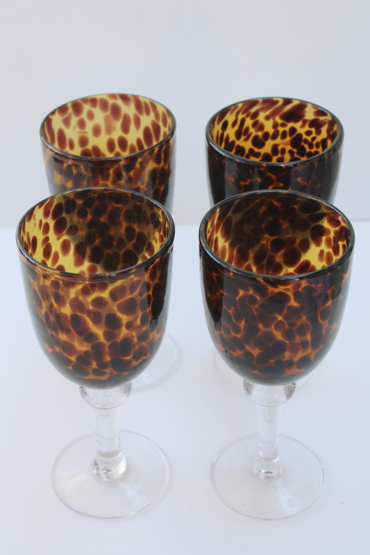 photo of big hand blown glass goblets, brown tortoise glass wine or water glasses #2