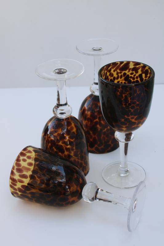 photo of big hand blown glass goblets, brown tortoise glass wine or water glasses #3