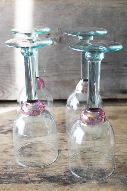 photo of big hand blown glass goblets, pale spanish green glass w/ cranberry pink lustre #3