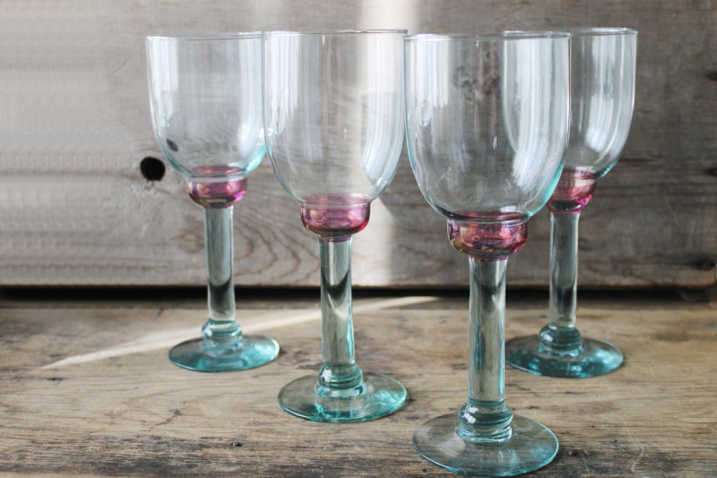 photo of big hand blown glass goblets, pale spanish green glass w/ cranberry pink lustre #4