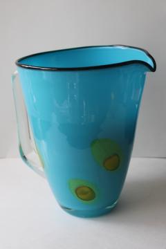catalog photo of big hand blown glass pitcher for cocktails, martinis green olives turquoise blue glass 