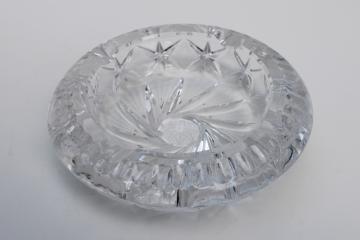 catalog photo of big heavy glass ashtray, vintage European art glass lead crystal, cut star pattern 