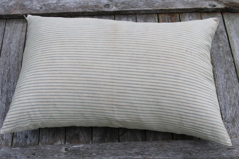 photo of big heavy old feather pillow, vintage blue striped cotton ticking fabric #1