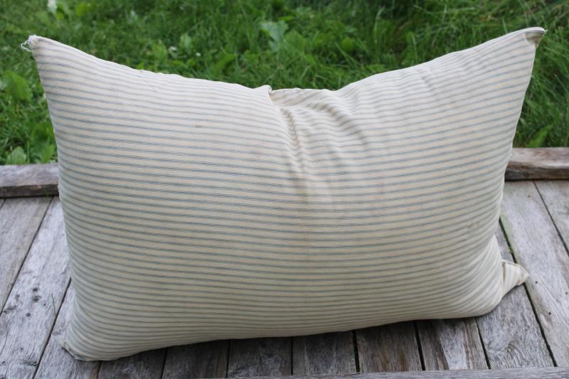 photo of big heavy old feather pillow, vintage blue striped cotton ticking fabric #3