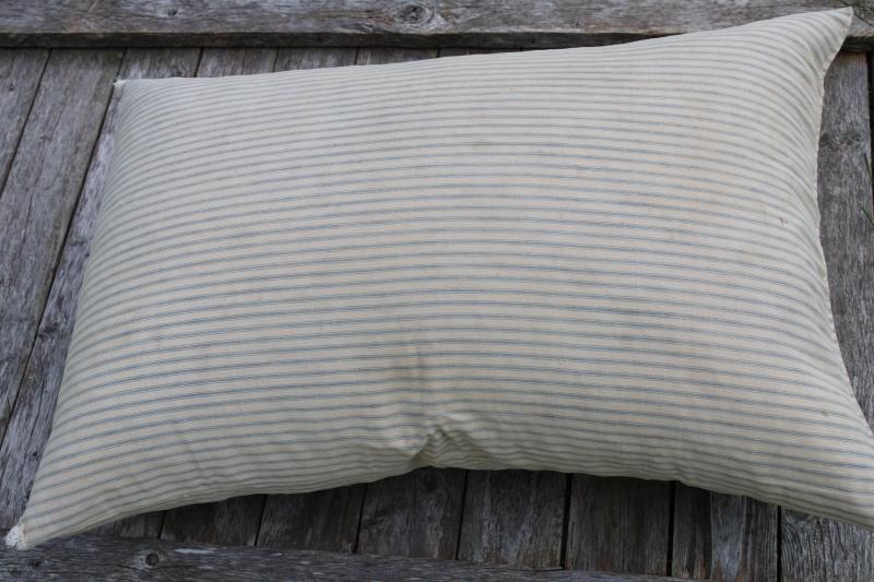 photo of big heavy old feather pillow, vintage blue striped cotton ticking fabric #4